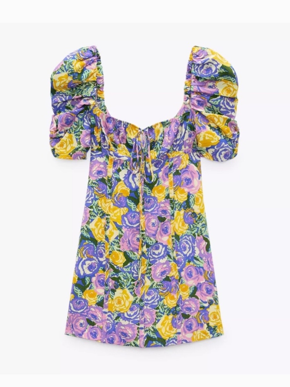 Zara Floral Puff-Sleeve Sundress in Yellow, Purple and Green